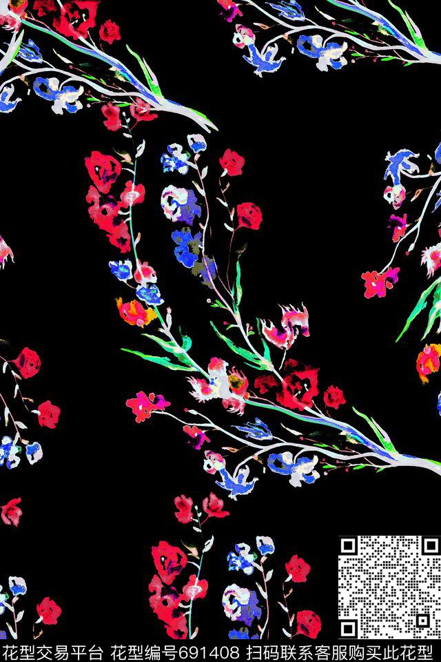 手绘曝光花卉数码印花华亿平台下载（图片编号: 691408） - 瓦栏（Walan）