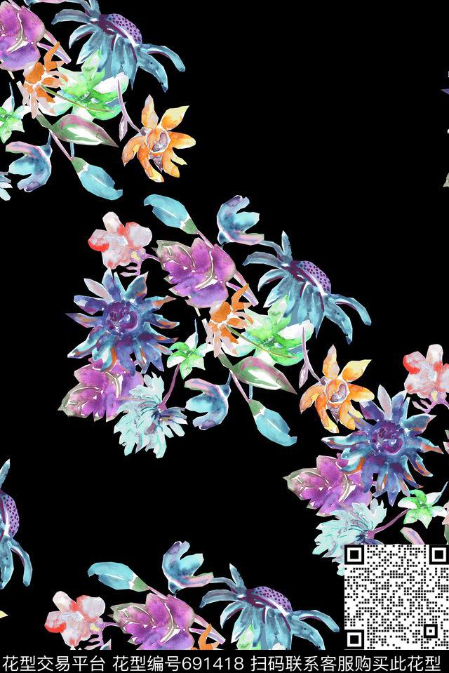 手绘水彩花卉数码印花华亿平台下载（图片编号: 691418） - 瓦栏（Walan）