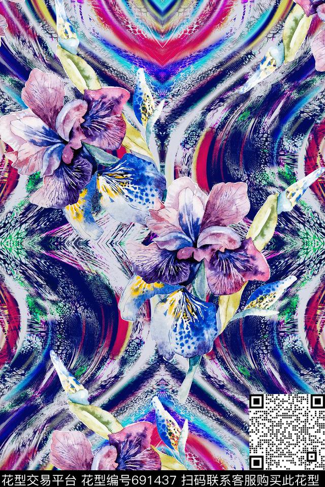 手绘五彩花卉数码印花华亿平台下载（图片编号: 691437） - 瓦栏（Walan）