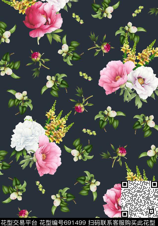 复古花朵花卉数码印花华亿平台下载（图片编号: 691499） - 瓦栏（Walan）