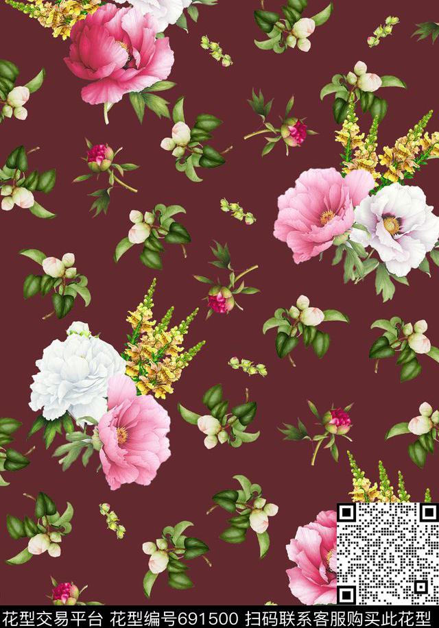复古花朵花卉数码印花华亿平台下载（图片编号: 691500） - 瓦栏（Walan）