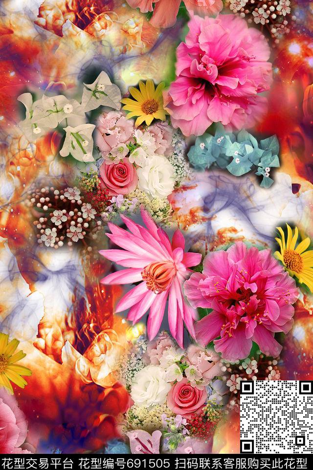 纹理大花花朵数码印花华亿平台下载（图片编号: 691505） - 瓦栏（Walan）