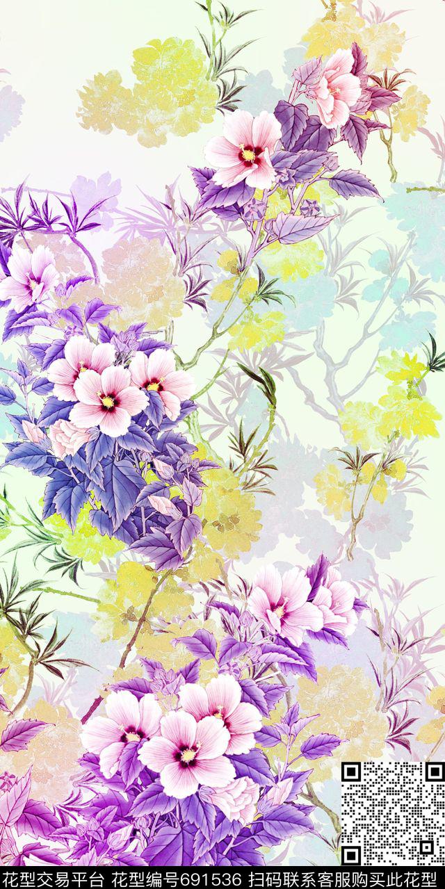 花朵花卉树叶数码印花华亿平台下载（图片编号: 691536） - 瓦栏（Walan）