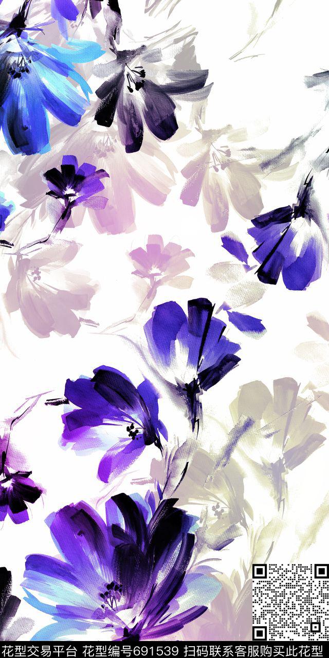 花朵水墨画紫色花数码印花华亿平台下载（图片编号: 691539） - 瓦栏（Walan）