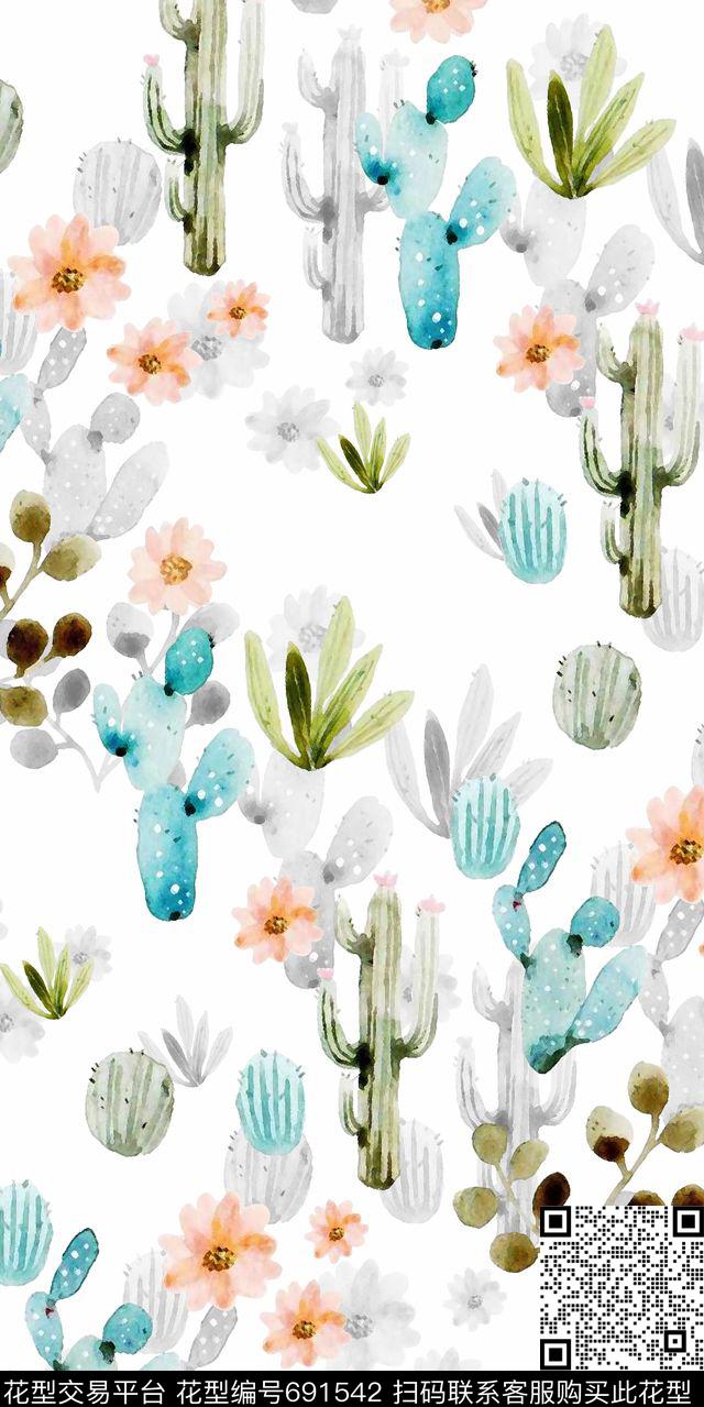 仙人球花朵绿色数码印花华亿平台下载（图片编号: 691542） - 瓦栏（Walan）