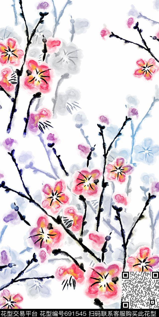 桃花枝干数码印花华亿平台下载（图片编号: 691545） - 瓦栏（Walan）