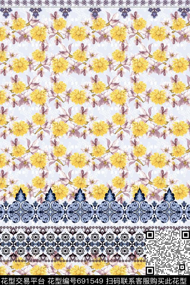 花朵黄色圆形传统印花华亿平台下载（图片编号: 691549） - 瓦栏（Walan）