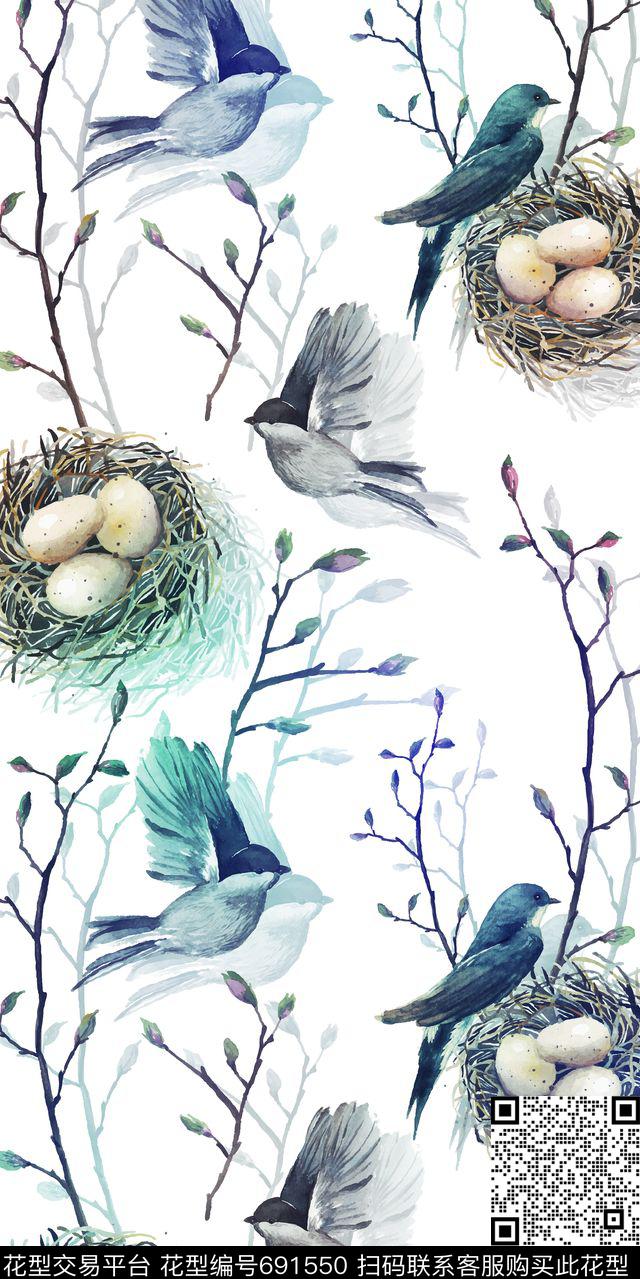 鸟类树枝鸟窝数码印花华亿平台下载（图片编号: 691550） - 瓦栏（Walan）