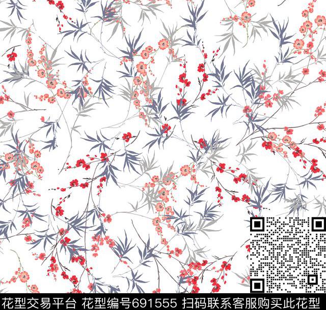 叶子竹叶花卉传统印花华亿平台下载（图片编号: 691555） - 瓦栏（Walan）