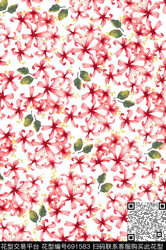 手绘风格红色小碎花花卉数码印花华亿平台下载（图片编号: 691583） - 瓦栏（Walan）
