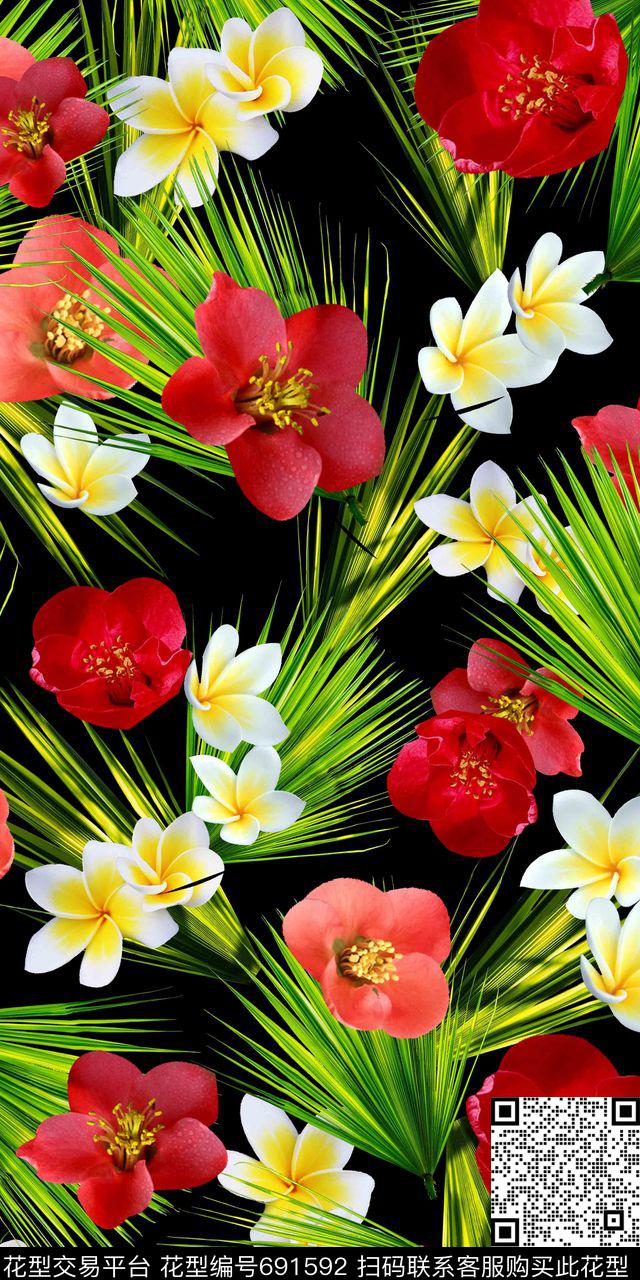 棕榈叶热带鸡蛋花数码印花华亿平台下载（图片编号: 691592） - 瓦栏（Walan）