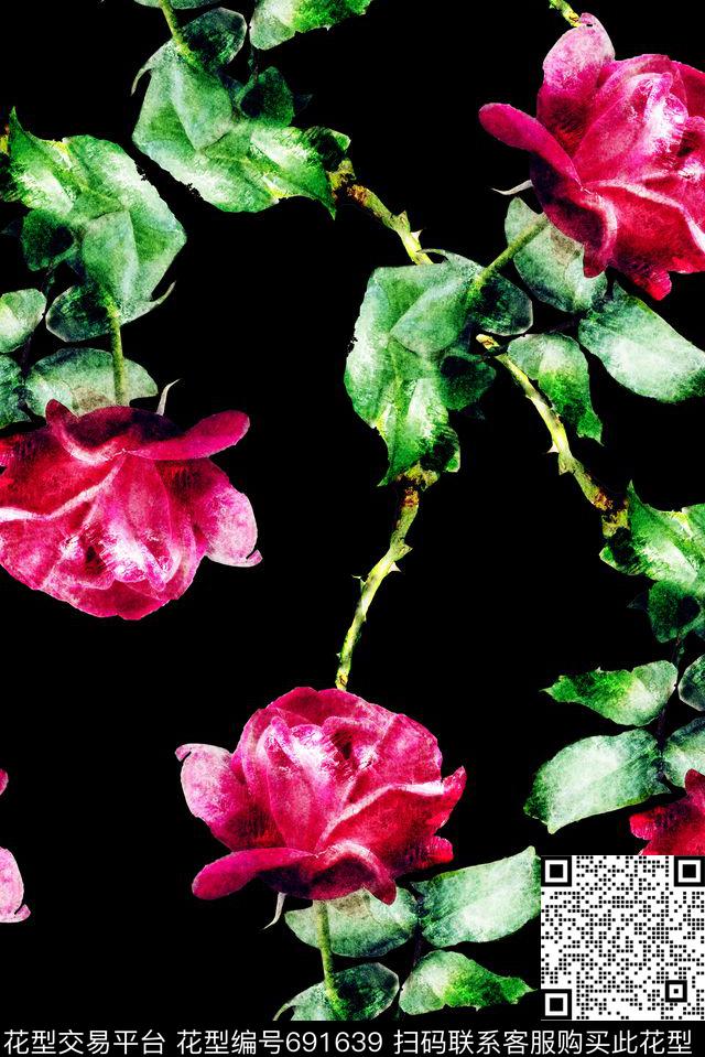 大朵手绘玫瑰花数码印花华亿平台下载（图片编号: 691639） - 瓦栏（Walan）