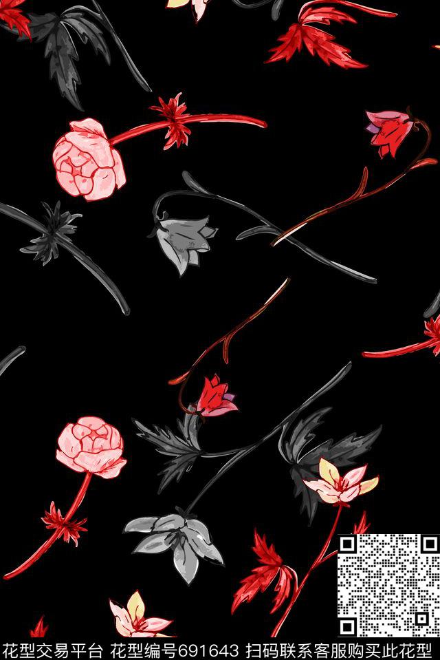 手绘铁锈红花卉传统印花华亿平台下载（图片编号: 691643） - 瓦栏（Walan）