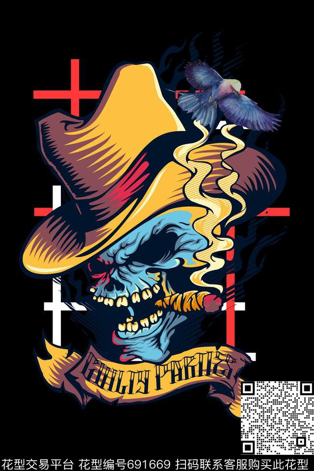 T桖骷髅头几何传统印花华亿平台下载（图片编号: 691669） - 瓦栏（Walan）
