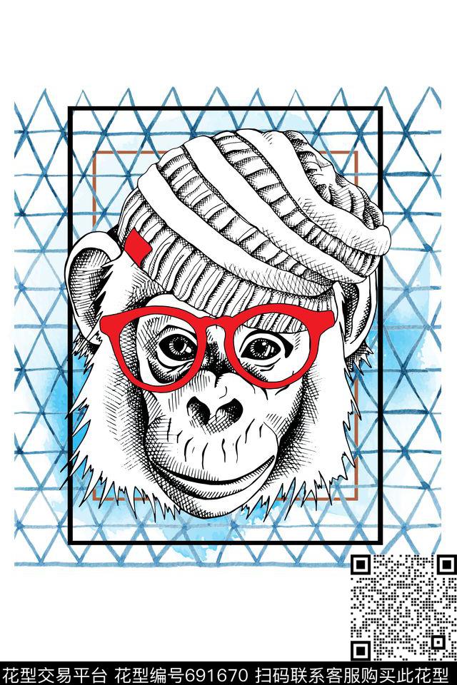 几何T桖猴子传统印花华亿平台下载（图片编号: 691670） - 瓦栏（Walan）