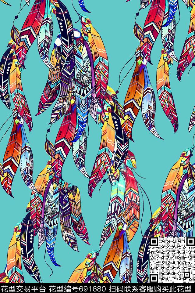 羽毛几何印第安数码印花华亿平台下载（图片编号: 691680） - 瓦栏（Walan）