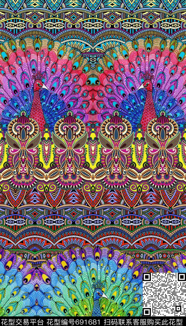 民族风条纹孔雀数码印花华亿平台下载（图片编号: 691681） - 瓦栏（Walan）