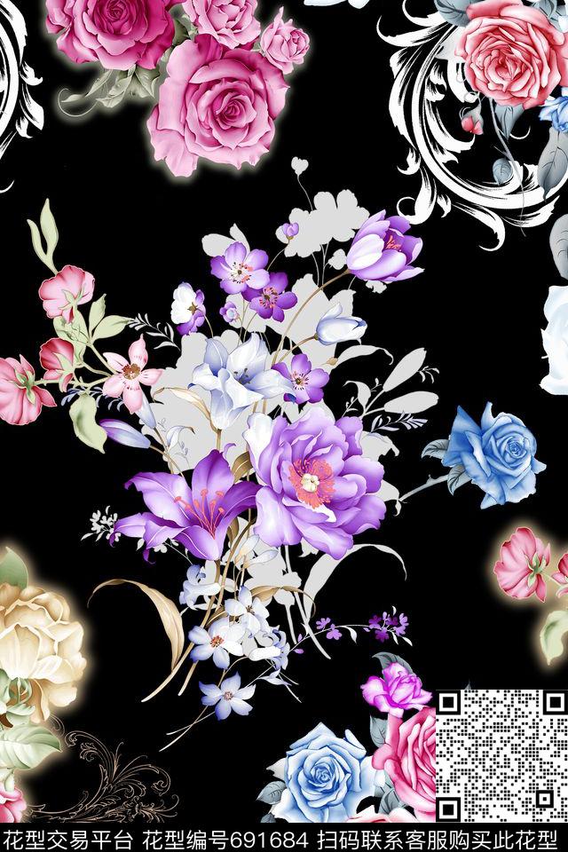 花卉玫瑰牡丹数码印花华亿平台下载（图片编号: 691684） - 瓦栏（Walan）