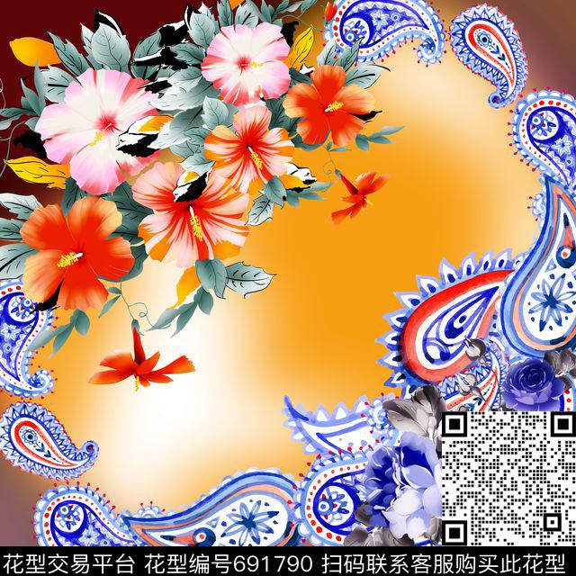 丝巾花卉佩斯利方巾数码印花华亿平台下载（图片编号: 691790） - 瓦栏（Walan）