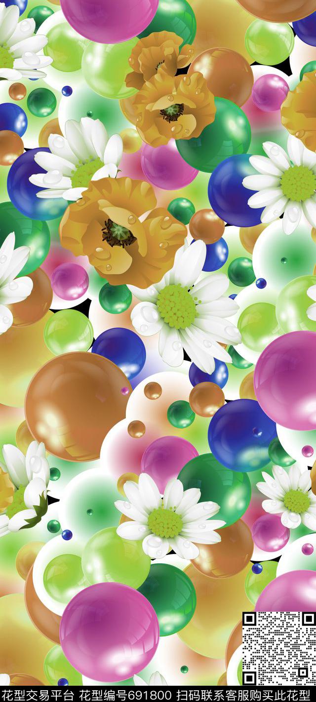 几何花卉圆圈数码印花华亿平台下载（图片编号: 691800） - 瓦栏（Walan）