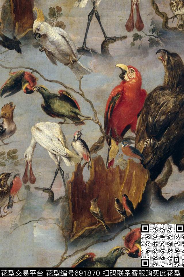 小鸟树枝风景数码印花华亿平台下载（图片编号: 691870） - 瓦栏（Walan）