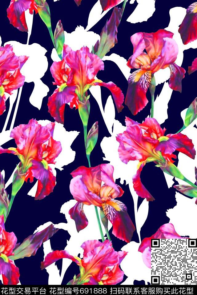 抽象手绘满版花卉最新高清数码时尚花卉天堂鸟花数码印花华亿平台下载（图片编号: 691888） - 瓦栏（Walan）