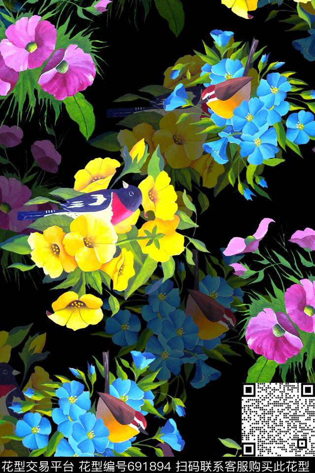 手绘水彩花鸟数码印花华亿平台下载（图片编号: 691894） - 瓦栏（Walan）