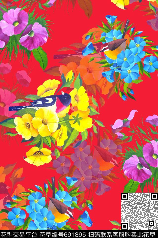 手绘水彩花鸟数码印花华亿平台下载（图片编号: 691895） - 瓦栏（Walan）