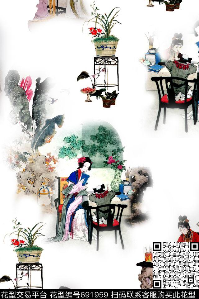 中国风。仕女古典花卉数码印花华亿平台下载（图片编号: 691959） - 瓦栏（Walan）