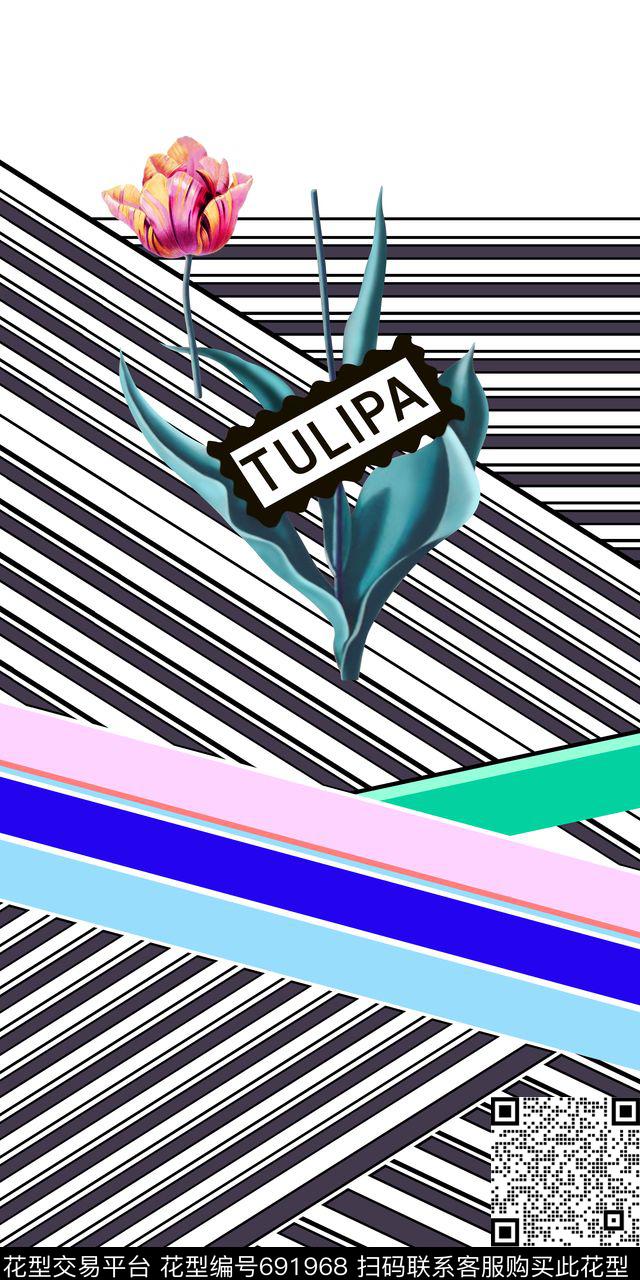 花卉条子条纹数码印花华亿平台下载（图片编号: 691968） - 瓦栏（Walan）