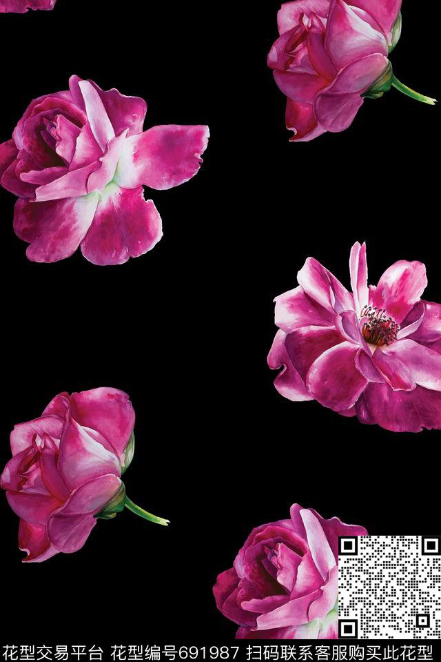 绽放手绘大朵数码印花华亿平台下载（图片编号: 691987） - 瓦栏（Walan）