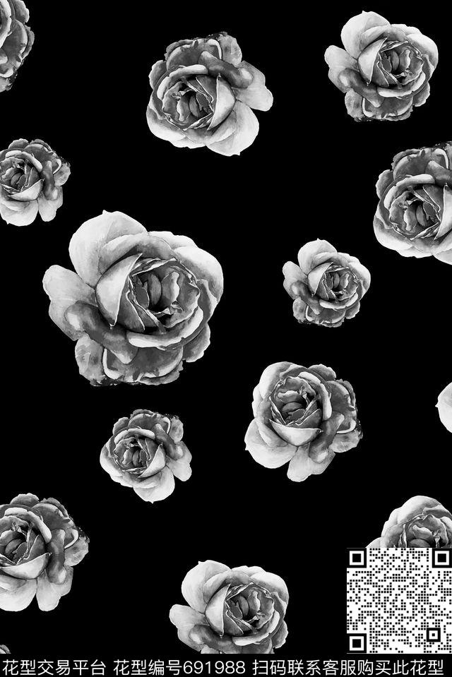 手绘黑白满版数码印花华亿平台下载（图片编号: 691988） - 瓦栏（Walan）