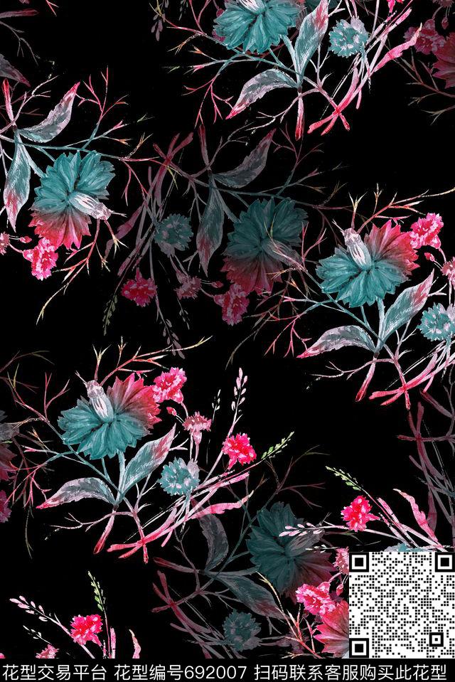 手绘枝条花卉数码印花华亿平台下载（图片编号: 692007） - 瓦栏（Walan）
