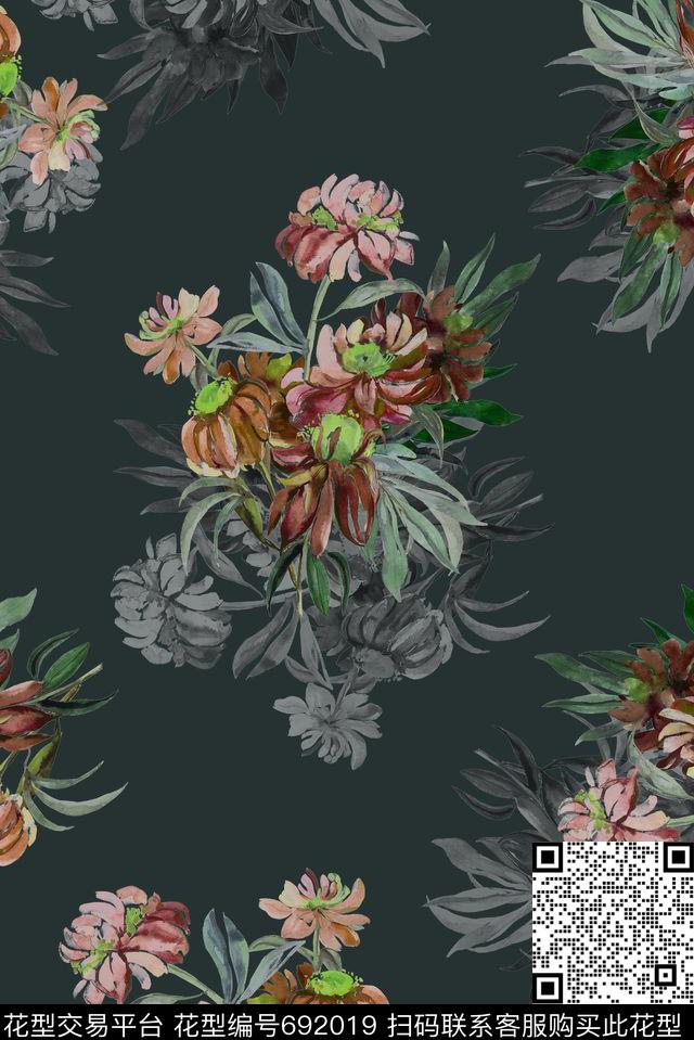 手绘花卉黑白数码印花华亿平台下载（图片编号: 692019） - 瓦栏（Walan）