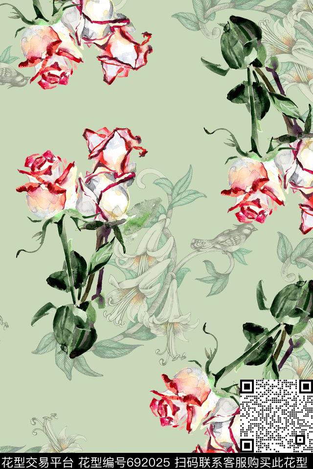 手绘玫瑰花花鸟数码印花华亿平台下载（图片编号: 692025） - 瓦栏（Walan）