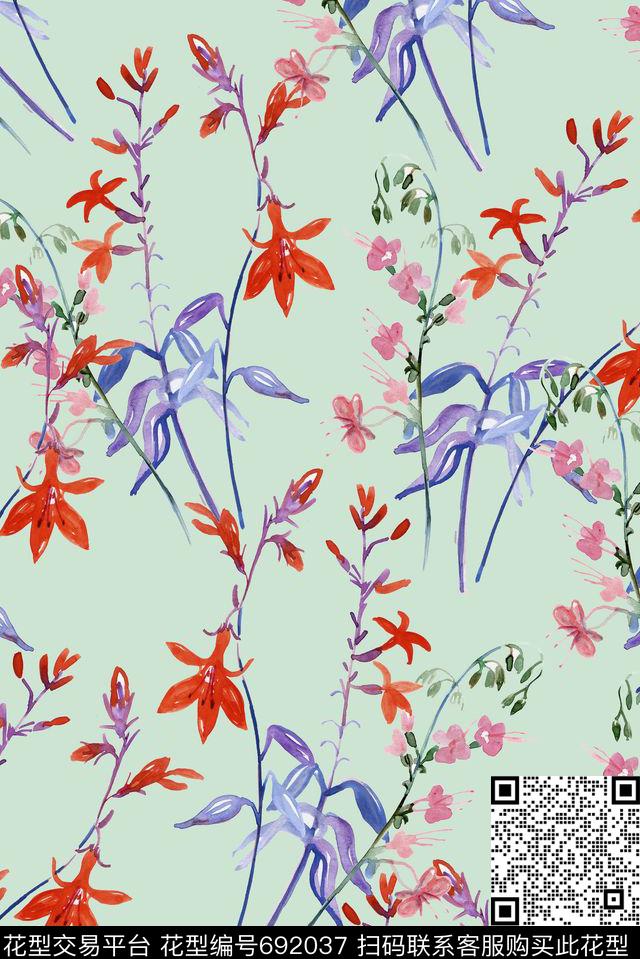 手绘花卉野花数码印花华亿平台下载（图片编号: 692037） - 瓦栏（Walan）