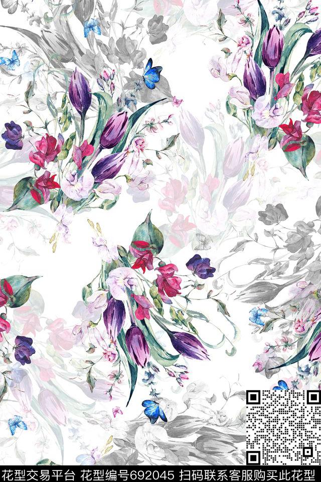 手绘白底黑白数码印花华亿平台下载（图片编号: 692045） - 瓦栏（Walan）