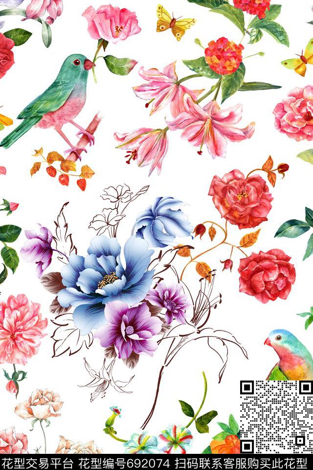 百合玫瑰花鸟数码印花华亿平台下载（图片编号: 692074） - 瓦栏（Walan）