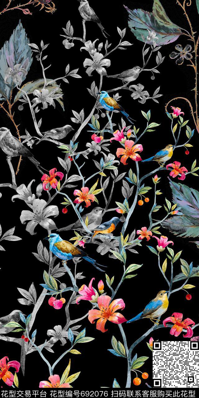 定位枝条花鸟数码印花华亿平台下载（图片编号: 692076） - 瓦栏（Walan）