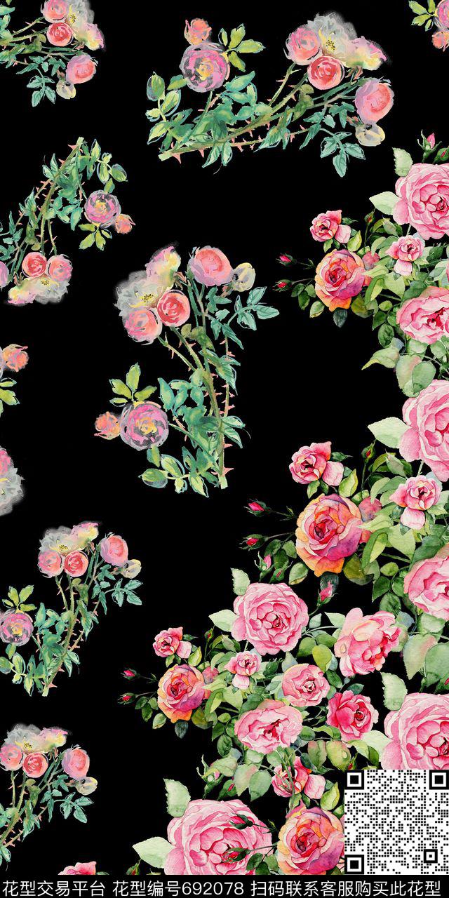 定位粉色玫瑰花数码印花华亿平台下载（图片编号: 692078） - 瓦栏（Walan）