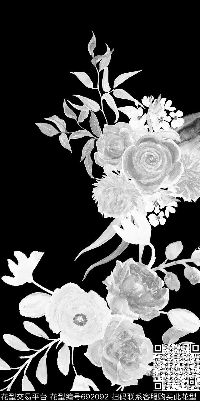 定位黑白花卉数码印花华亿平台下载（图片编号: 692092） - 瓦栏（Walan）