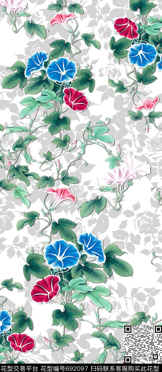 花卉MAX-女装花卉手绘水墨牵牛花数码印花华亿平台下载（图片编号: 692097） - 瓦栏（Walan）