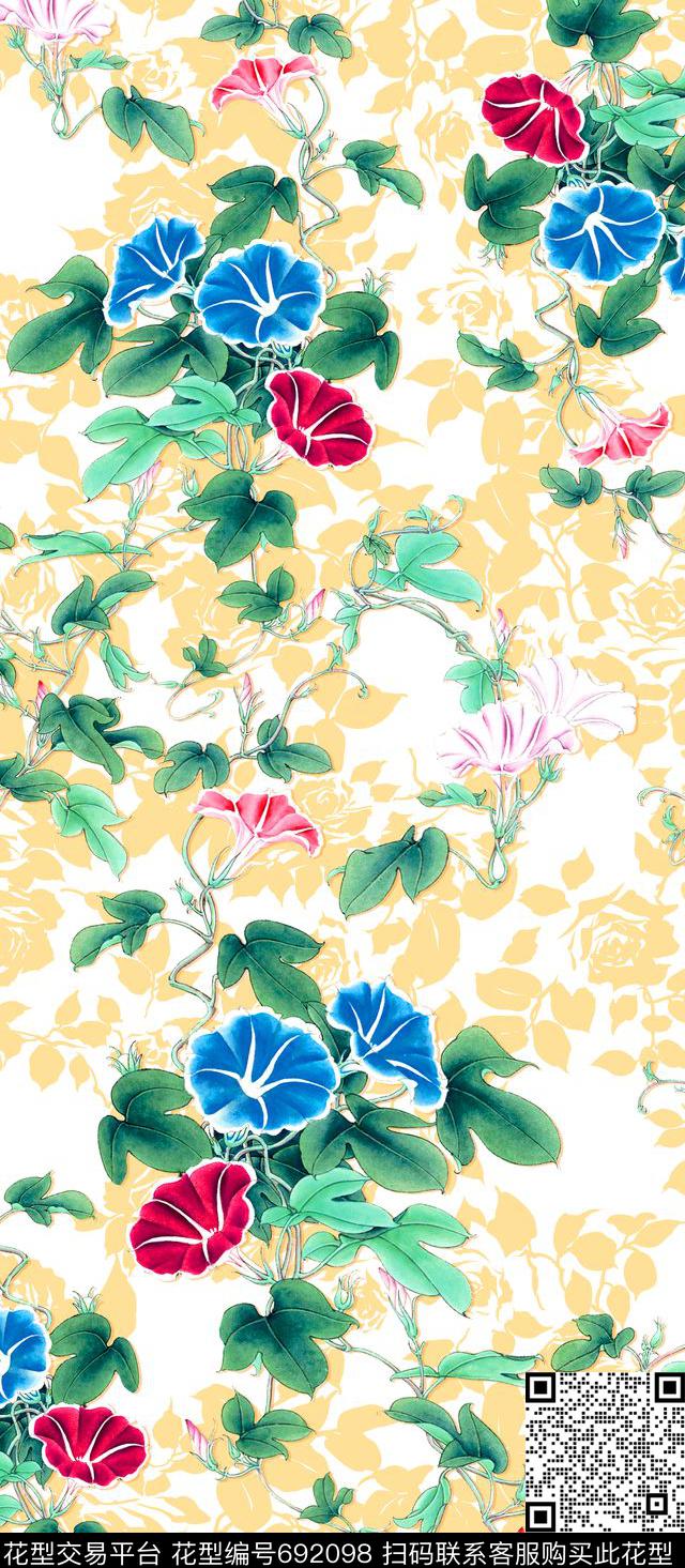 花卉MAX-女装花卉手绘水墨牵牛花数码印花华亿平台下载（图片编号: 692098） - 瓦栏（Walan）