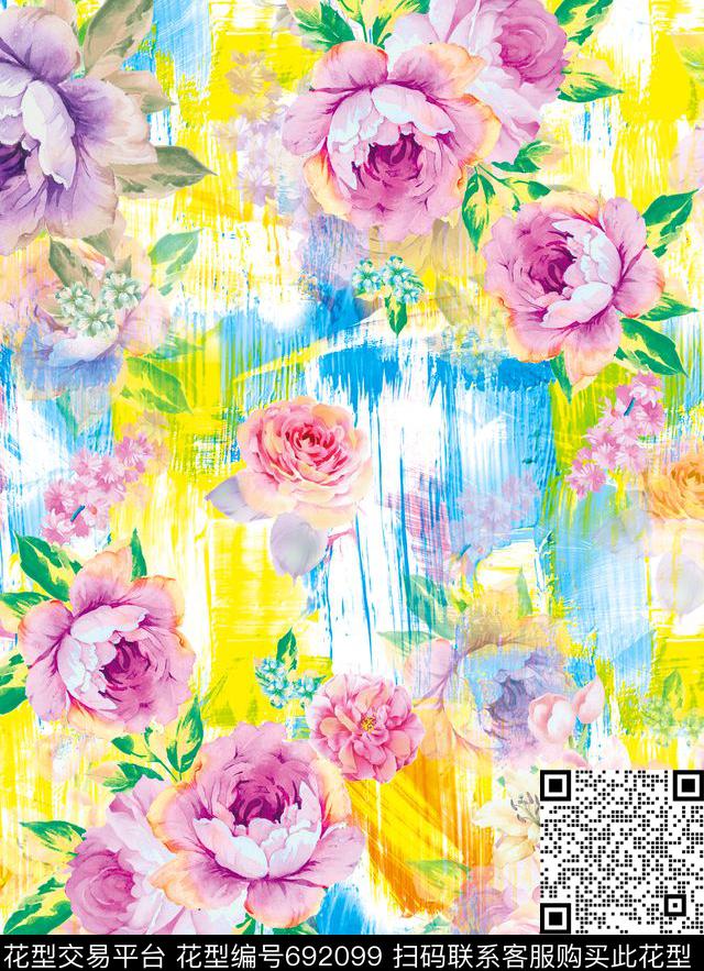 玫瑰MAX-女装花卉抽象笔触笔刷幻彩数码印花华亿平台下载（图片编号: 692099） - 瓦栏（Walan）