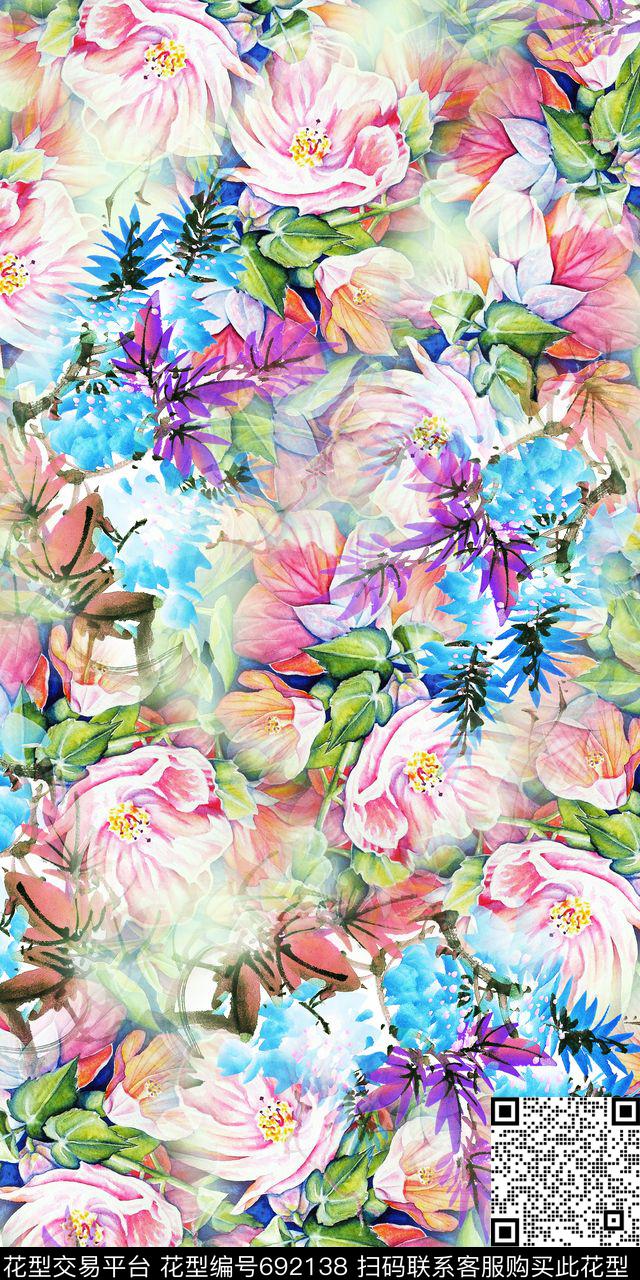 手绘花卉水彩清爽数码印花华亿平台下载（图片编号: 692138） - 瓦栏（Walan）