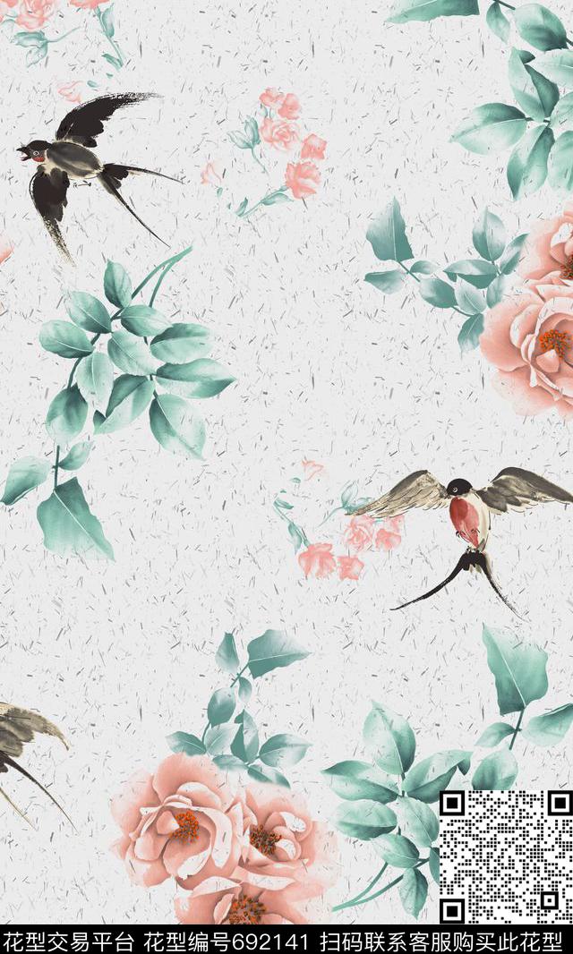 小碎花牡丹花鸟数码印花华亿平台下载（图片编号: 692141） - 瓦栏（Walan）