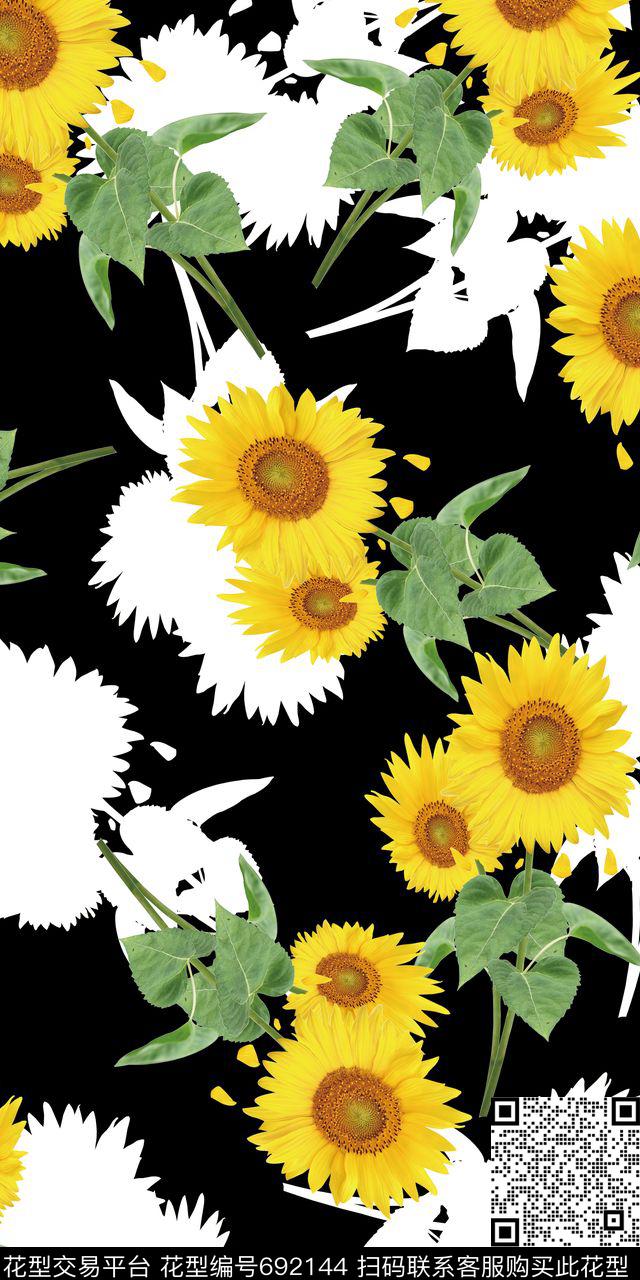 向日葵黑白色块时尚大牌数码印花华亿平台下载（图片编号: 692144） - 瓦栏（Walan）