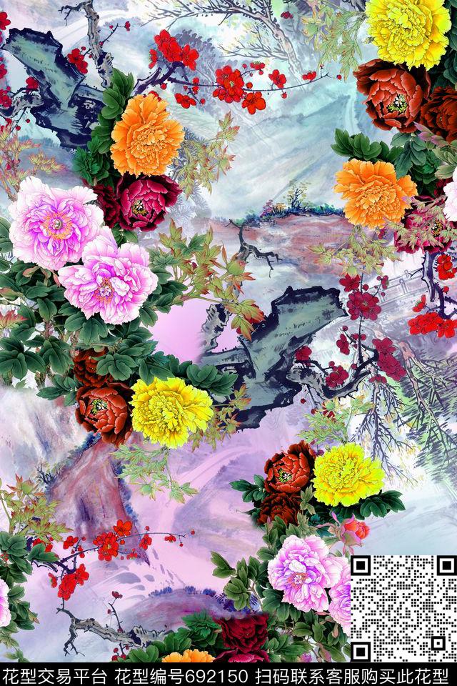 大花牡丹花卉数码印花华亿平台下载（图片编号: 692150） - 瓦栏（Walan）