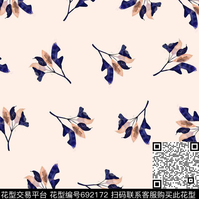 叶子笔触水墨画。大牌数码印花华亿平台下载（图片编号: 692172） - 瓦栏（Walan）