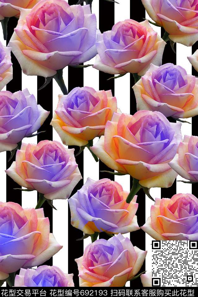 条纹玫瑰花朵数码印花华亿平台下载（图片编号: 692193） - 瓦栏（Walan）